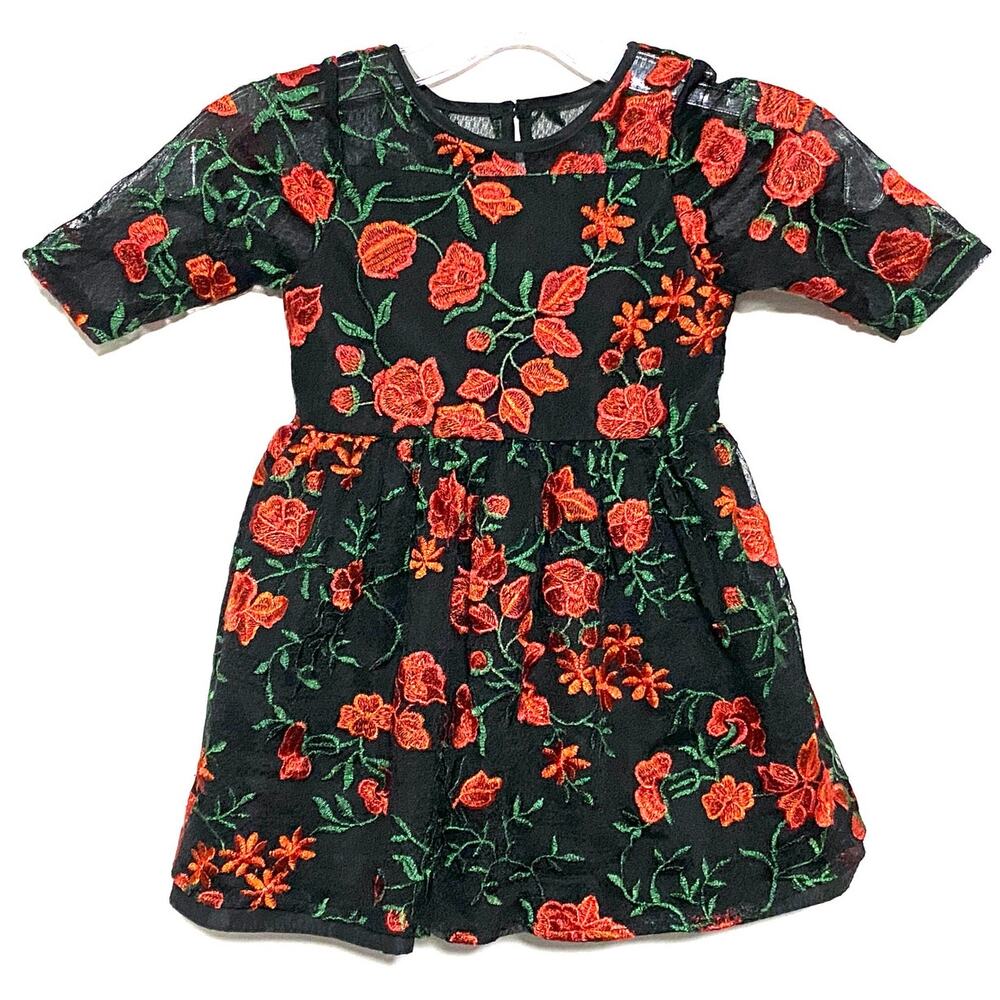 Laura Ashley London Girls 2T Tulle Applique Party Dress Black Red Floral Lace